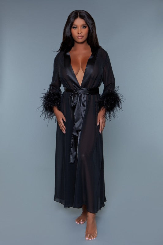 Women’s Sheer Satin Feather Trim Maxi Robe | Zarnesh