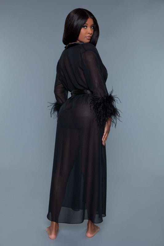 Women’s Sheer Satin Feather Trim Maxi Robe | Zarnesh