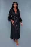 Women’s Sheer Satin Feather Trim Maxi Robe | Zarnesh