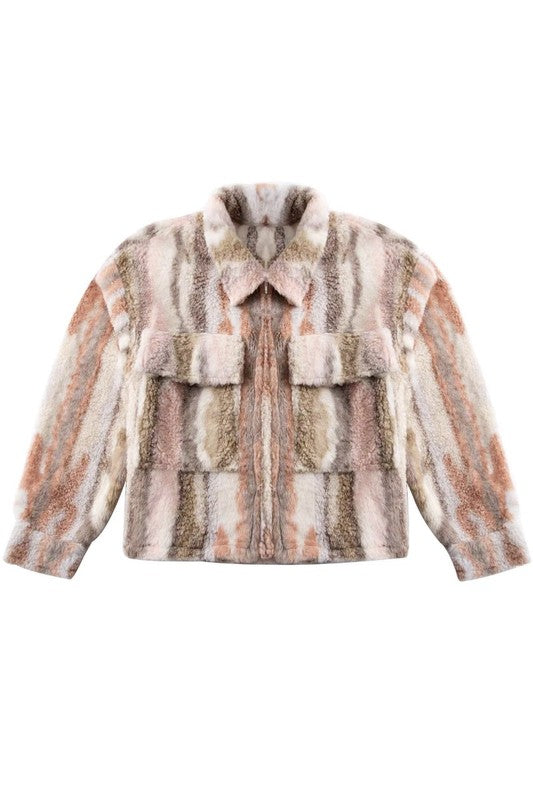 Women's Sherpa Marble Printed Front Patch Pockets Jacket | Zarnesh