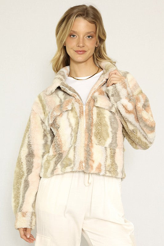 Women's Sherpa Marble Printed Front Patch Pockets Jacket | Zarnesh