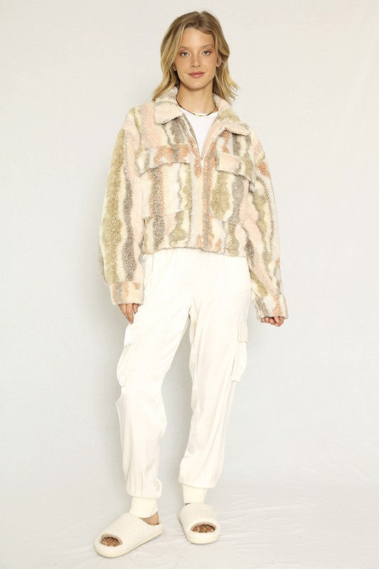 Women's Sherpa Marble Printed Front Patch Pockets Jacket | Zarnesh