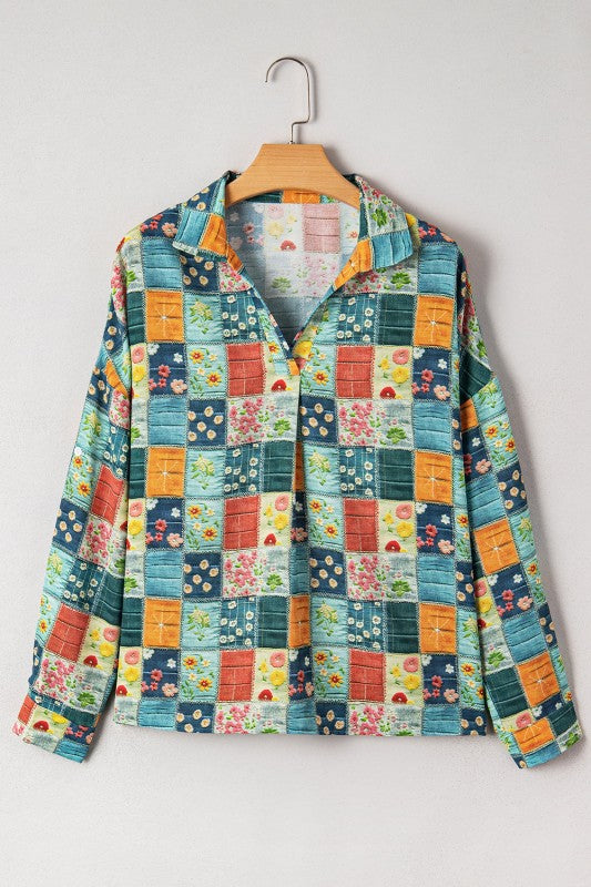 Women’s Floral Patchwork Collar V-Neck Long Sleeve Blouse | Zarnesh