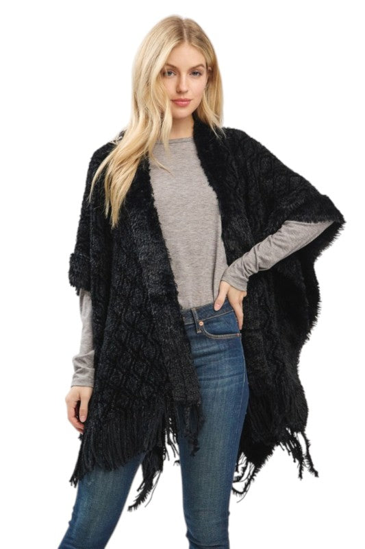 Women’s Soft Boucle Knit Fringe Poncho Shawl Scarf | Zarnesh