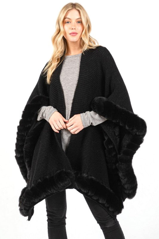 Women’s Soft Faux Fur Fringe Trim Winter Poncho Shawl Wrap | Zarnesh