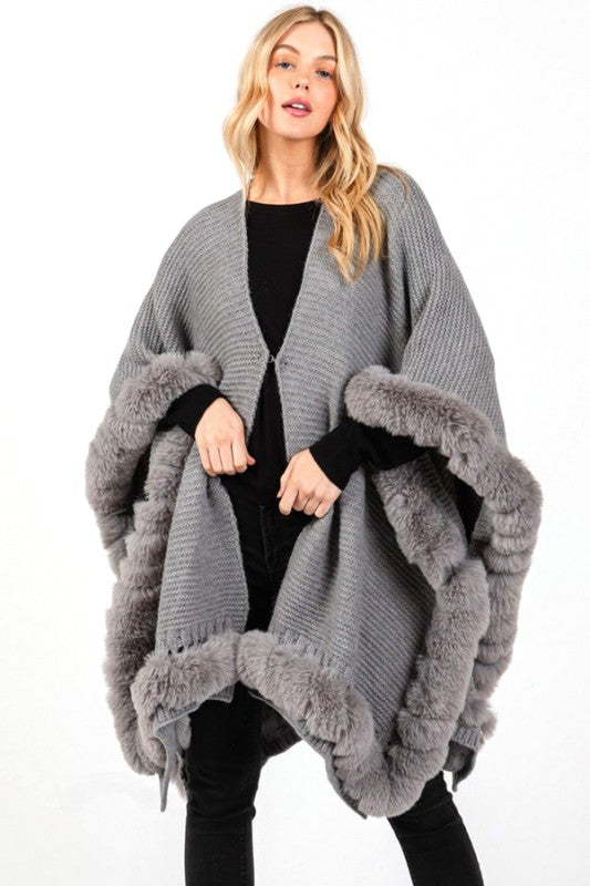 Women’s Soft Faux Fur Fringe Trim Winter Poncho Shawl Wrap | Zarnesh