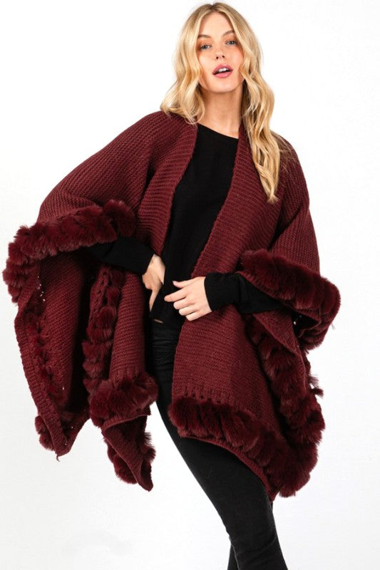 Women’s Soft Faux Fur Fringe Trim Winter Poncho Shawl Wrap | Zarnesh