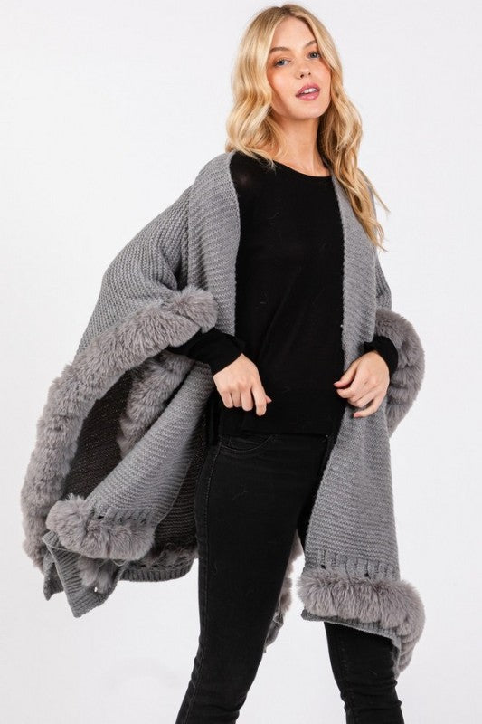 Women’s Soft Faux Fur Fringe Trim Winter Poncho Shawl Wrap | Zarnesh