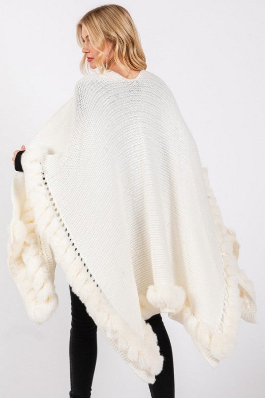 Women’s Soft Faux Fur Fringe Trim Winter Poncho Shawl Wrap | Zarnesh