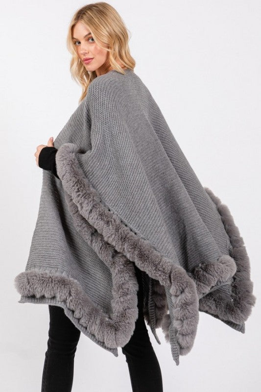 Women’s Soft Faux Fur Fringe Trim Winter Poncho Shawl Wrap | Zarnesh