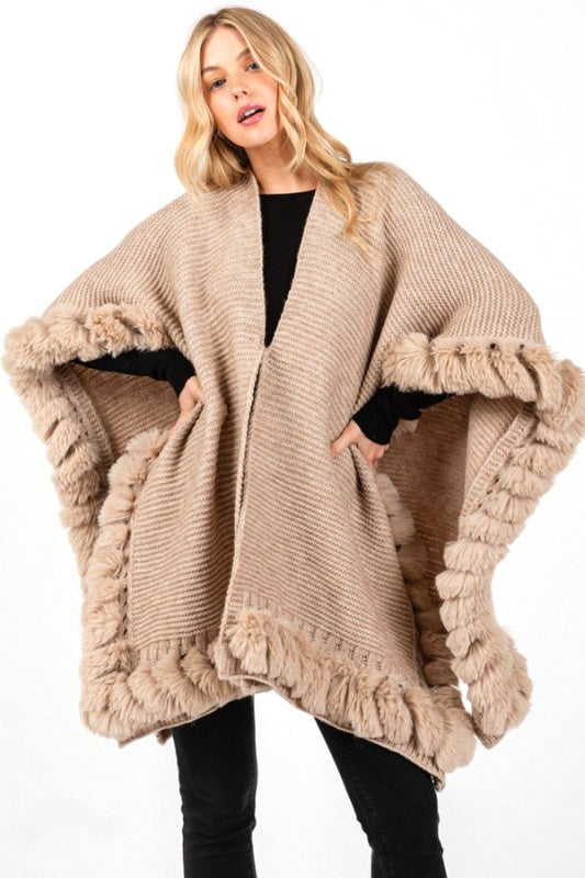 Women’s Soft Faux Fur Fringe Trim Winter Poncho Shawl Wrap | Zarnesh
