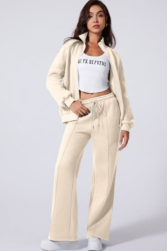 Women’s Solid Drawstring Wide Leg Pants Set Zip Up Jacket | Zarnesh