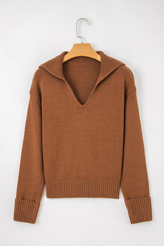 Women’s Solid V-Neck Collared Ribbed Edge Sweater | Zarnesh