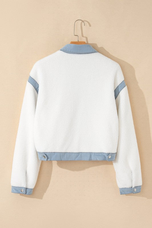 Women’s Solid Contrast Trim Buttoned Sherpa Jacket | Zarnesh