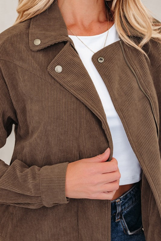 Women’s Solid Corduroy Zip-Up Lapel Collar Buttoned Jacket | Zarnesh