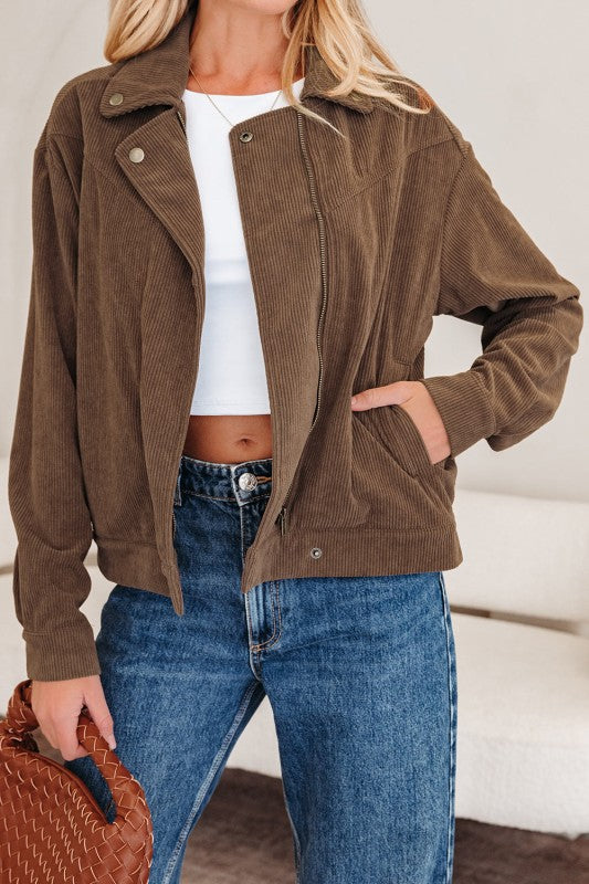 Women’s Solid Corduroy Zip-Up Lapel Collar Buttoned Jacket | Zarnesh