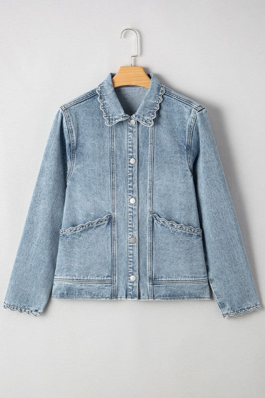 Women’s Solid Denim Wash Button Down Scallop Buttoned Jacket | Zarnesh