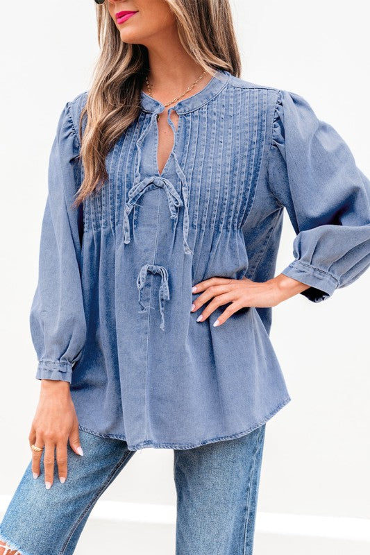 Women’s Solid Denim Pleated Bow Tie Puff Sleeve Top | Zarnesh