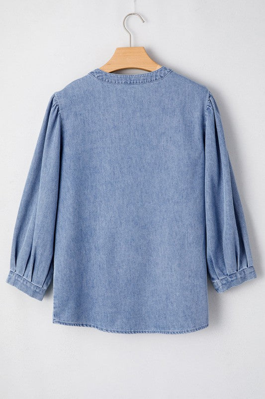 Women’s Solid Denim Pleated Bow Tie Puff Sleeve Top | Zarnesh