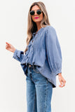 Women’s Solid Denim Pleated Bow Tie Puff Sleeve Top | Zarnesh