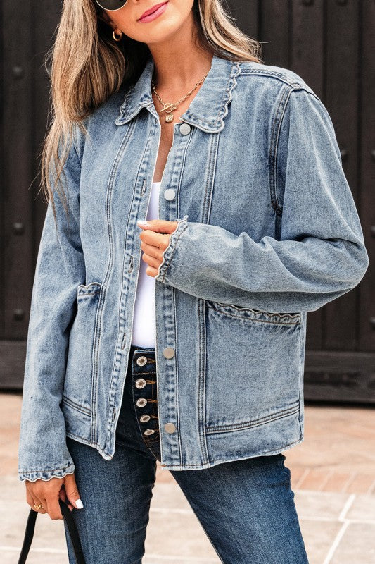 Women’s Solid Denim Wash Button Down Scallop Buttoned Jacket | Zarnesh