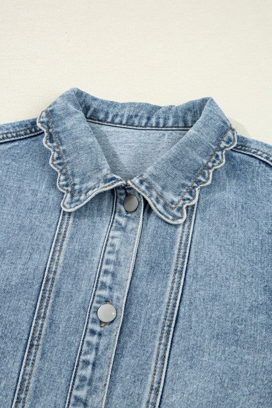 Women’s Solid Denim Wash Button Down Scallop Buttoned Jacket | Zarnesh
