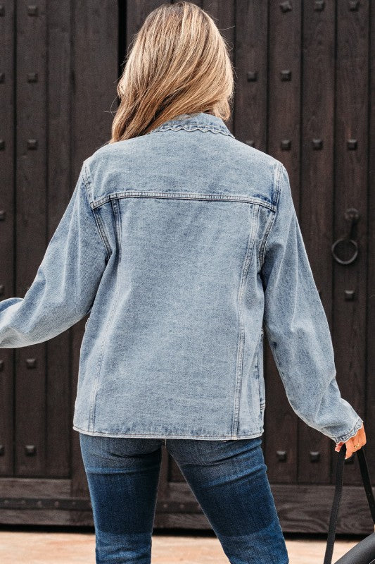 Women’s Solid Denim Wash Button Down Scallop Buttoned Jacket | Zarnesh