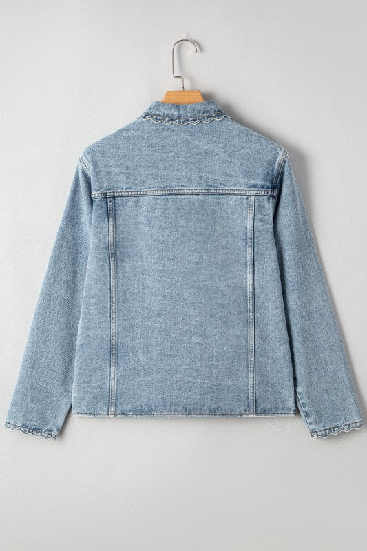 Women’s Solid Denim Wash Button Down Scallop Buttoned Jacket | Zarnesh