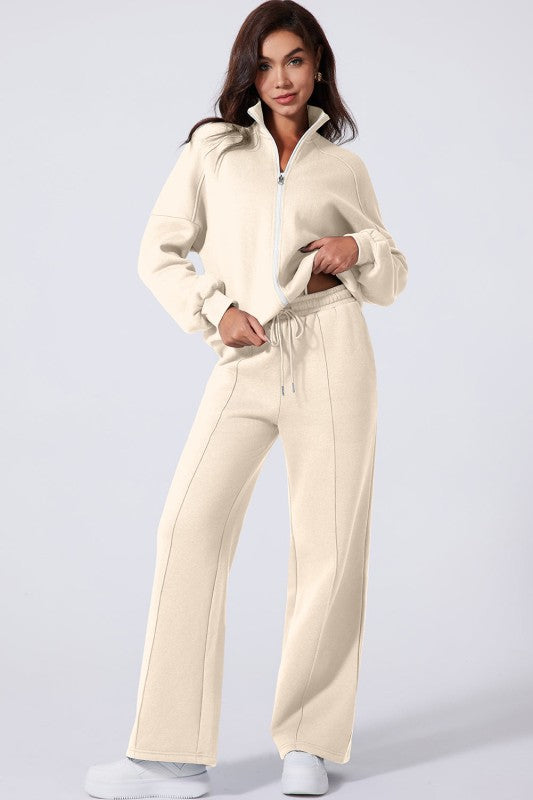 Women’s Solid Drawstring Wide Leg Pants Set Zip Up Jacket | Zarnesh