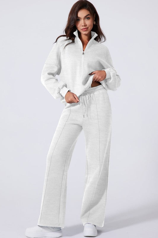 Women’s Solid Drawstring Wide Leg Pants Set Zip Up Jacket | Zarnesh