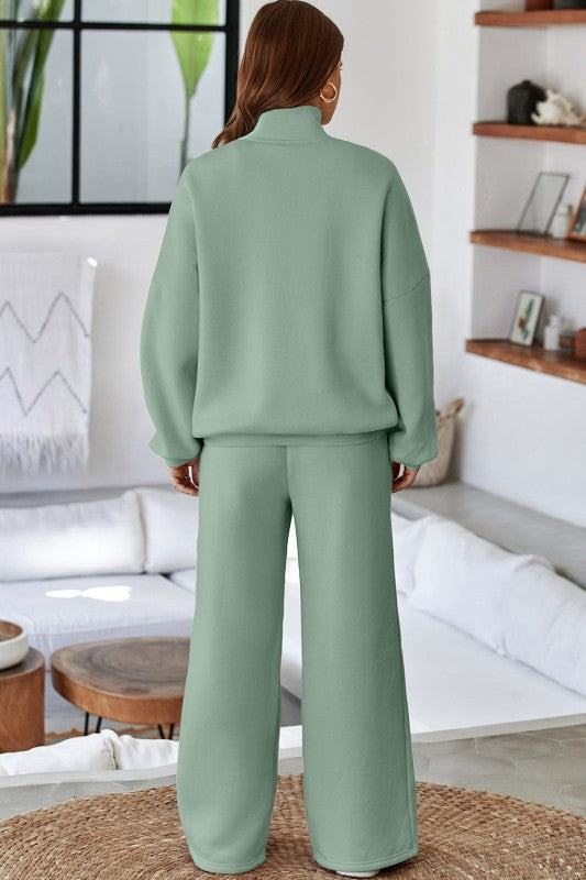 Women’s Solid Drawstring Wide Leg Pants Set Zip Up Jacket | Zarnesh