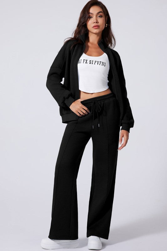 Women’s Solid Drawstring Wide Leg Pants Set Zip Up Jacket | Zarnesh