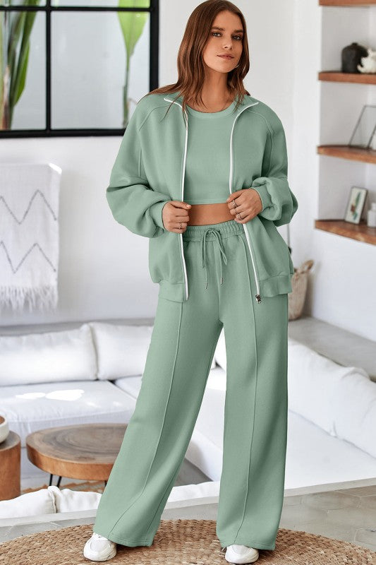 Women’s Solid Drawstring Wide Leg Pants Set Zip Up Jacket | Zarnesh