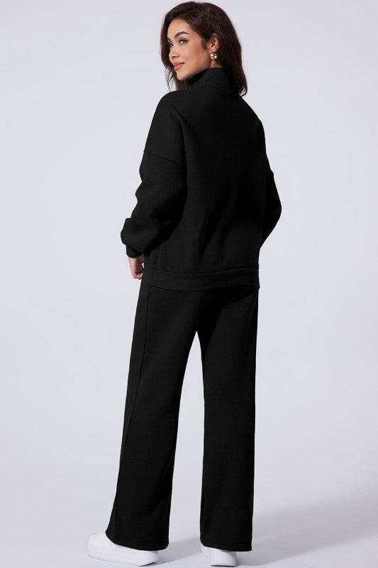 Women’s Solid Drawstring Wide Leg Pants Set Zip Up Jacket | Zarnesh