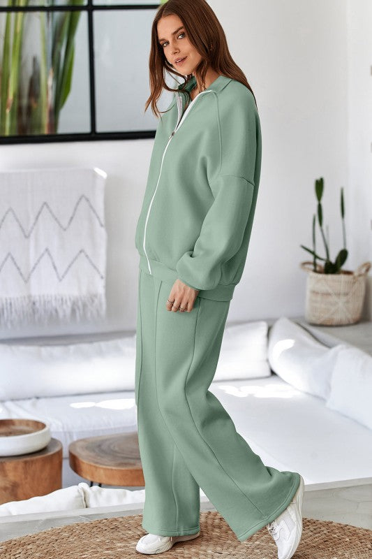Women’s Solid Drawstring Wide Leg Pants Set Zip Up Jacket | Zarnesh