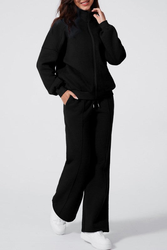 Women’s Solid Drawstring Wide Leg Pants Set Zip Up Jacket | Zarnesh