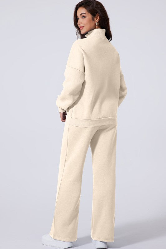 Women’s Solid Drawstring Wide Leg Pants Set Zip Up Jacket | Zarnesh