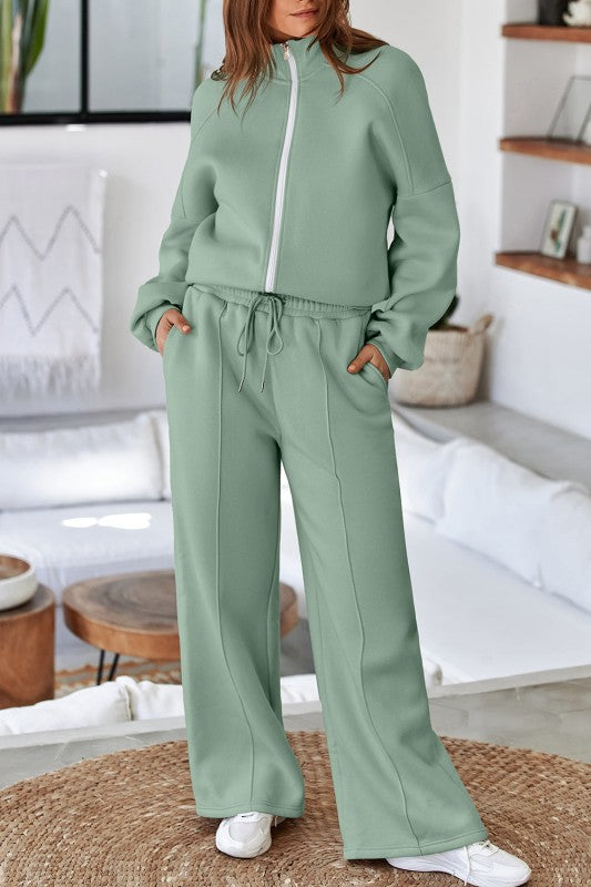 Women’s Solid Drawstring Wide Leg Pants Set Zip Up Jacket | Zarnesh