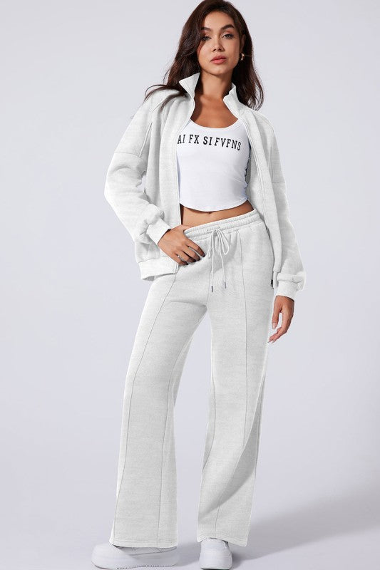 Women’s Solid Drawstring Wide Leg Pants Set Zip Up Jacket | Zarnesh