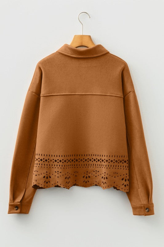 Women’s Solid Faux Suede Laser Cut Hollowed Jacket | Zarnesh