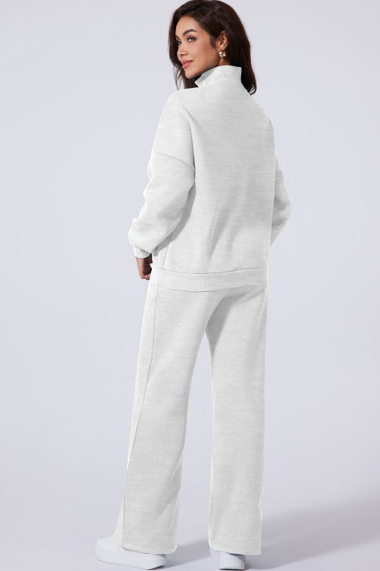 Women’s Solid Drawstring Wide Leg Pants Set Zip Up Jacket | Zarnesh
