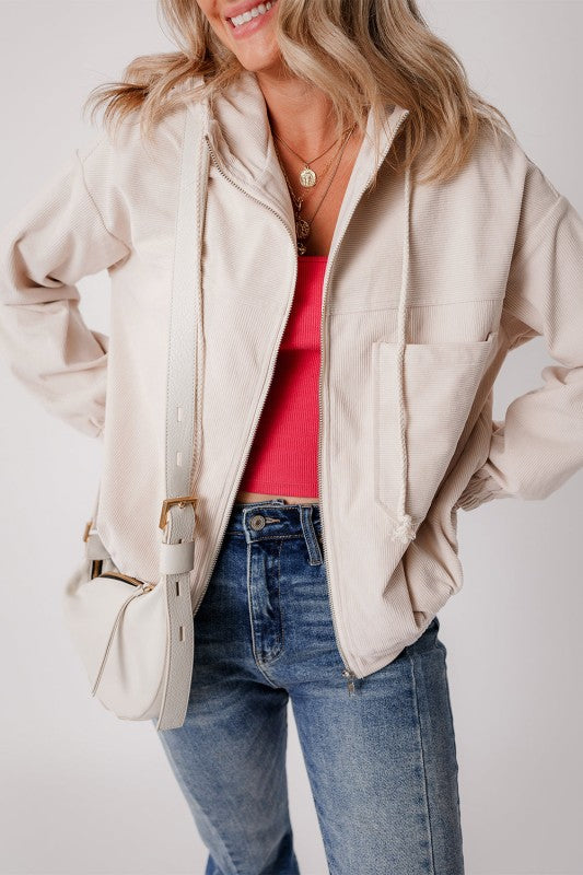 Women’s Solid Hooded Corduroy Zip-Up Jacket | Zarnesh