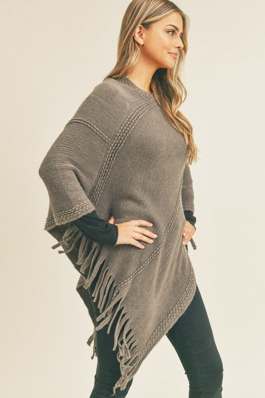 Women’s Solid Knit Fringe Poncho Shawl Sweater Wrap | Zarnesh