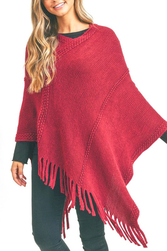 Women’s Solid Knit Fringe Poncho Shawl Sweater Wrap | Zarnesh