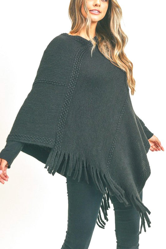 Women’s Solid Knit Fringe Poncho Shawl Sweater Wrap | Zarnesh