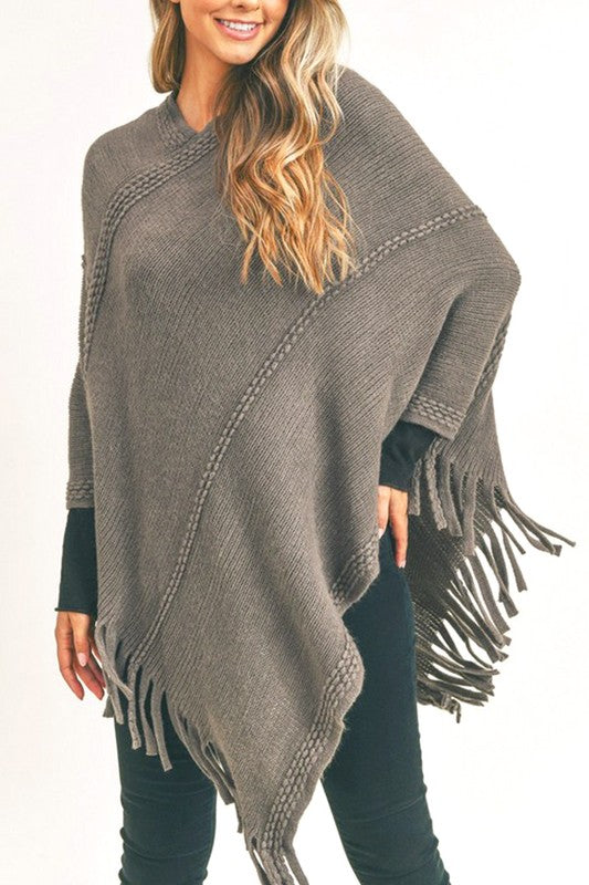 Women’s Solid Knit Fringe Poncho Shawl Sweater Wrap | Zarnesh