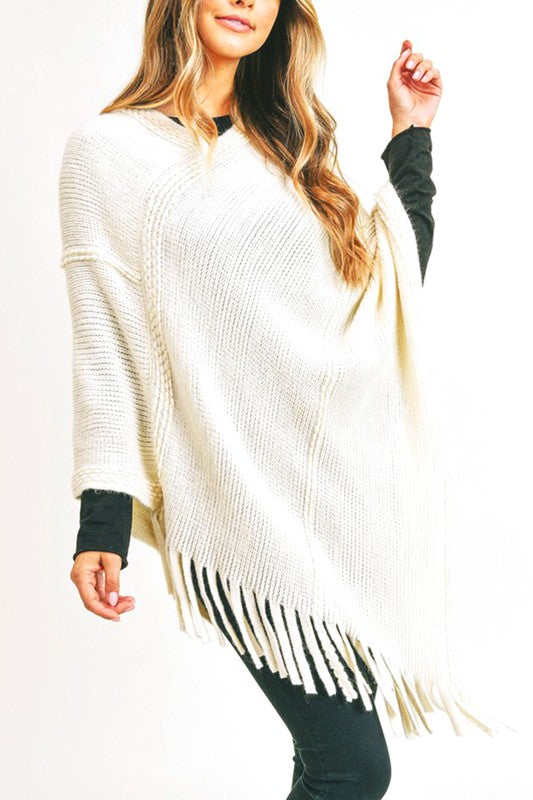 Women’s Solid Knit Fringe Poncho Shawl Sweater Wrap | Zarnesh