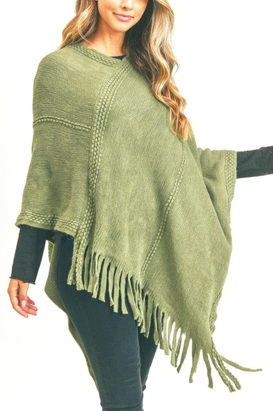 Women’s Solid Knit Fringe Poncho Shawl Sweater Wrap | Zarnesh