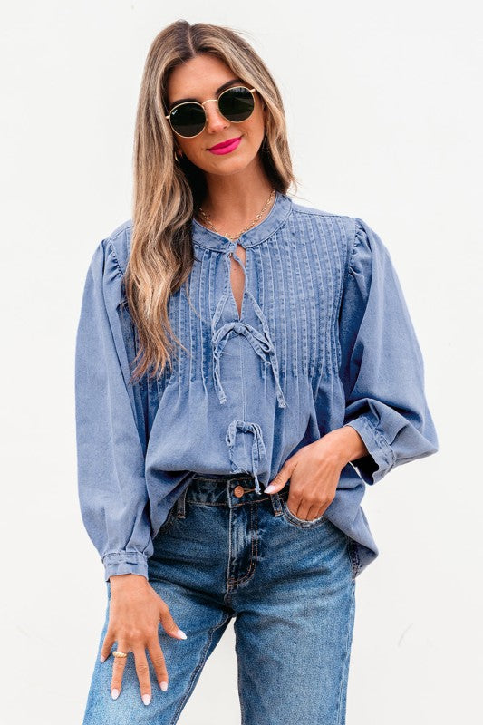 Women’s Solid Denim Pleated Bow Tie Puff Sleeve Top | Zarnesh