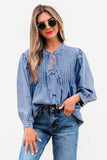 Women’s Solid Denim Pleated Bow Tie Puff Sleeve Top | Zarnesh